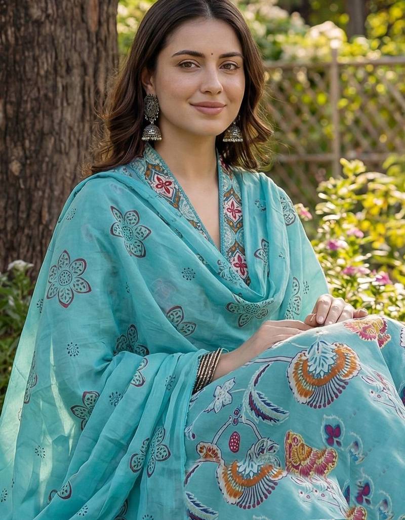 Women Floral Printed Regular Thread Work Pure Cotton Kurta with Trousers & With Dupatta
