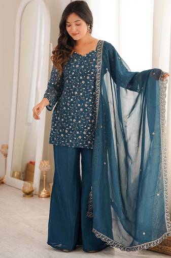 Embroidered Crunchy Silk Straight Kurta Pant and Dupatta Set