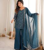 Embroidered Crunchy Silk Straight Kurta Pant and Dupatta Set
