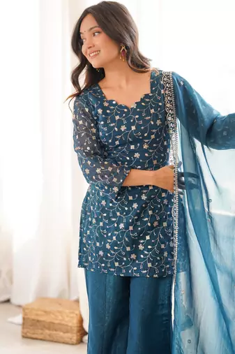 Embroidered Crunchy Silk Straight Kurta Pant and Dupatta Set