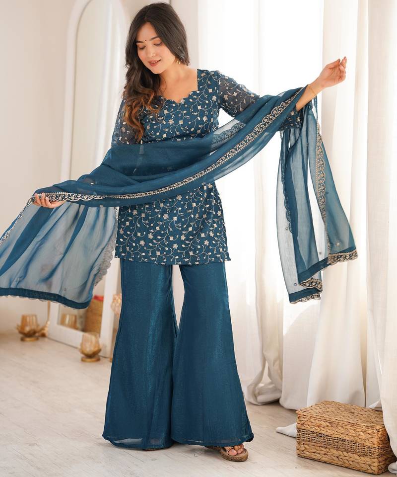 Embroidered Crunchy Silk Straight Kurta Pant and Dupatta Set