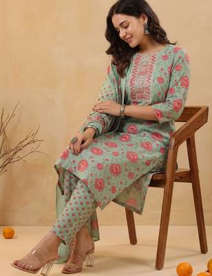 Women Floral Printed Regular Thread Work Kurta with Trousers & With Dupatta 6