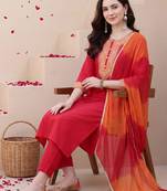 Women Ethnic Motifs Embroidered Thread Work Kurta with Trousers & With Dupatta