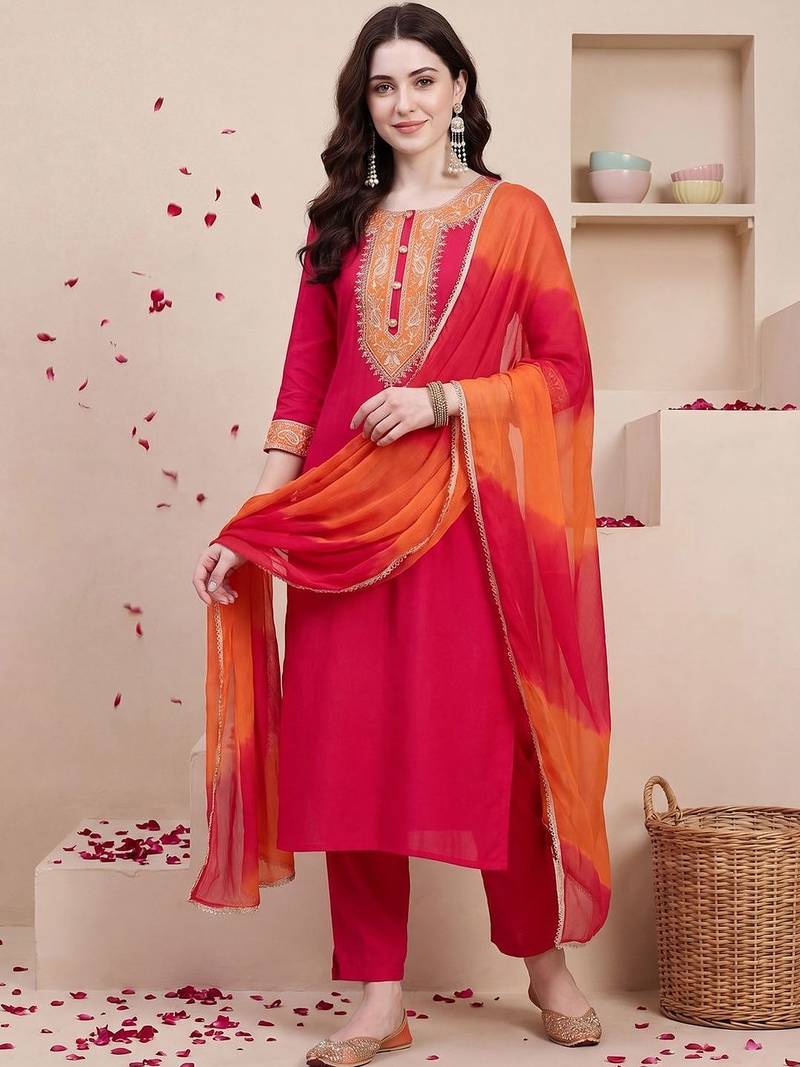 Women Ethnic Motifs Embroidered Thread Work Kurta with Trousers & With Dupatta