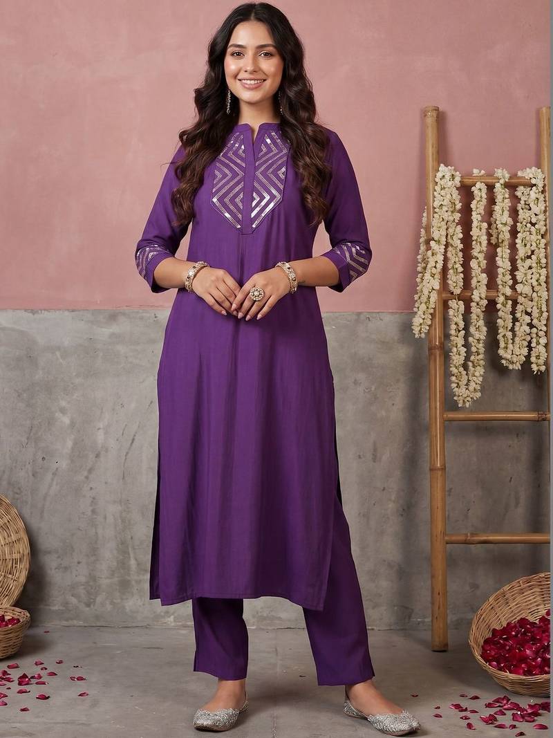 Women Ethnic Motifs Embroidered Regular Sequinned Kurta with Trousers