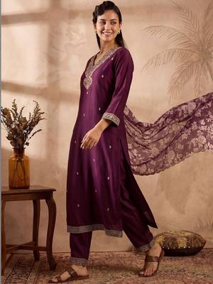 Women Ethnic Motifs Embroidered Regular Thread Work Kurta with Trousers & With Dupatta 1