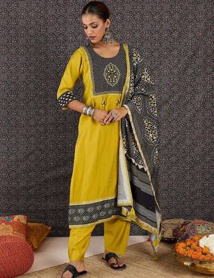 Women Ethnic Motifs Printed Regular Thread Work Kurta with Pyjamas & With Dupatta 1