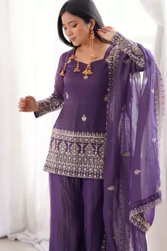 Embroidered Crunchy Silk Straight Kurta Pant and Dupatta Set