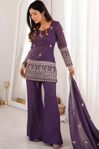 Embroidered Crunchy Silk Straight Kurta Pant and Dupatta Set