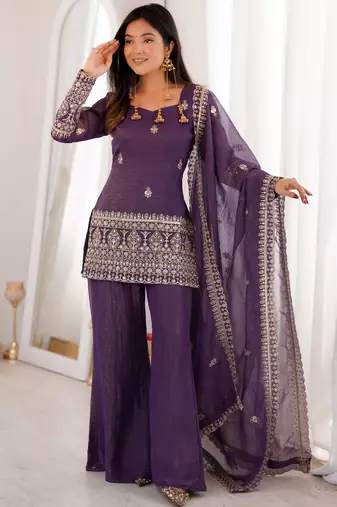 Embroidered Crunchy Silk Straight Kurta Pant and Dupatta Set
