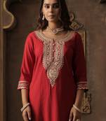 Women Ethnic Motifs Embroidered Regular Sequinned Liva Kurta with Trousers
