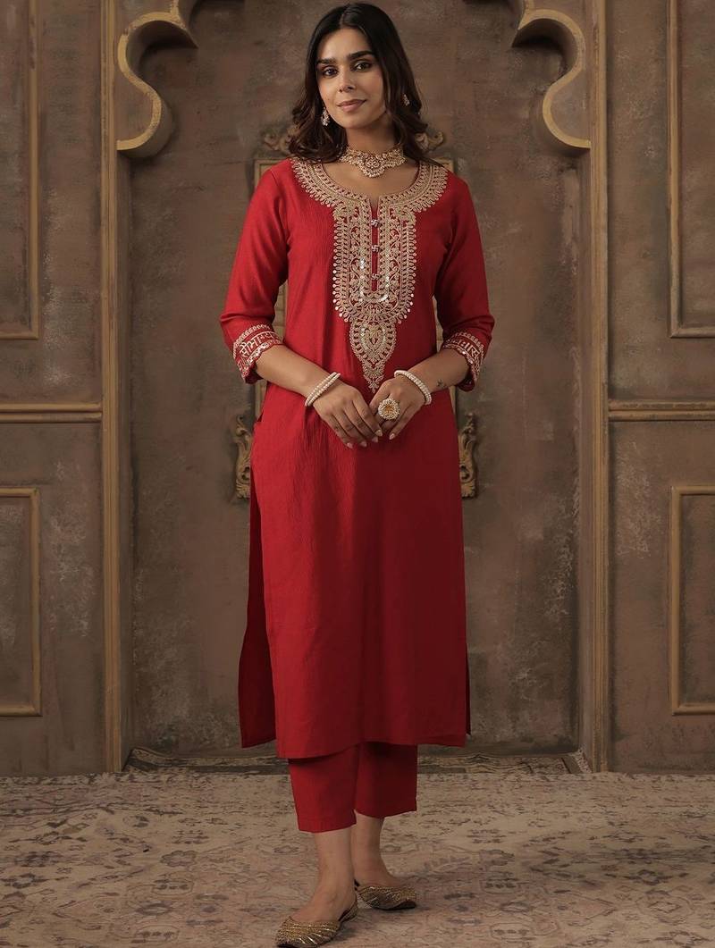 Women Ethnic Motifs Embroidered Regular Sequinned Liva Kurta with Trousers