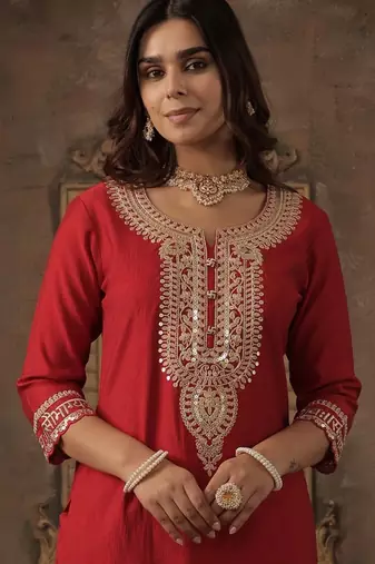 Women Ethnic Motifs Embroidered Regular Sequinned Liva Kurta with Trousers