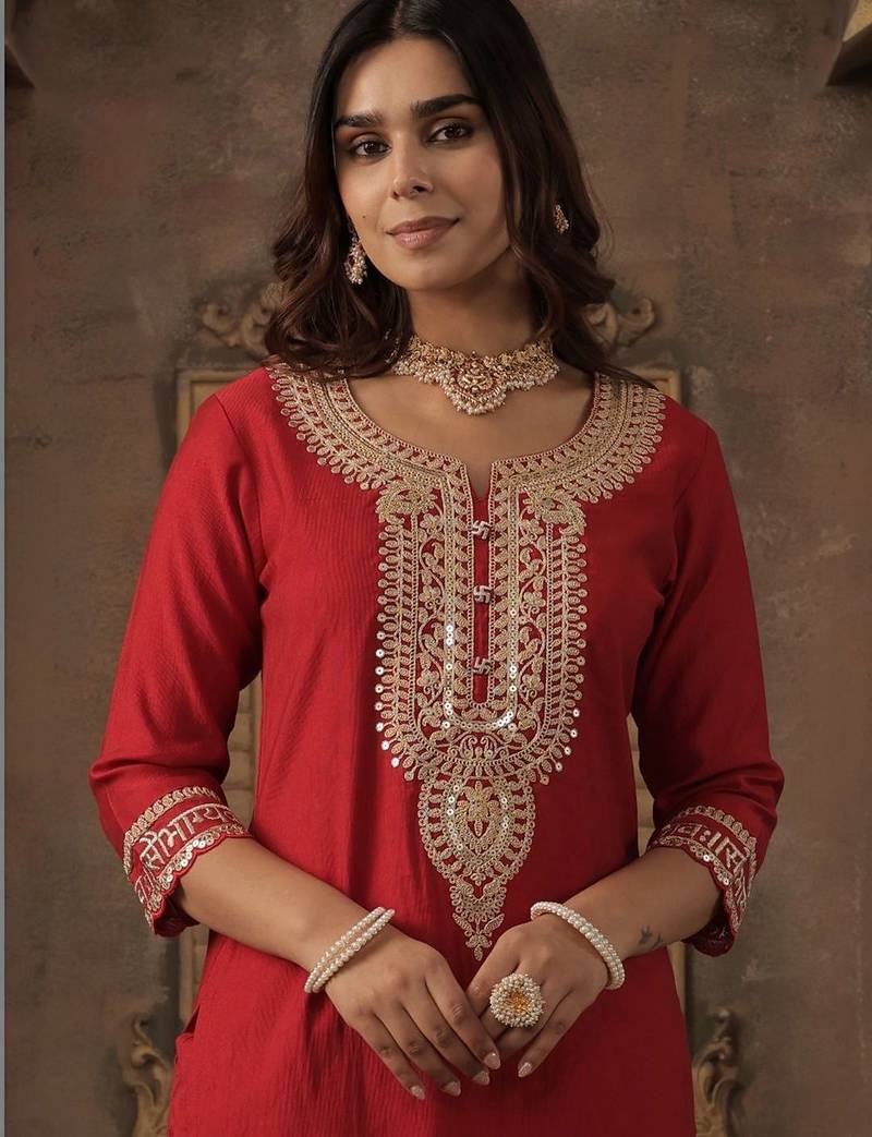 Women Ethnic Motifs Embroidered Regular Sequinned Liva Kurta with Trousers
