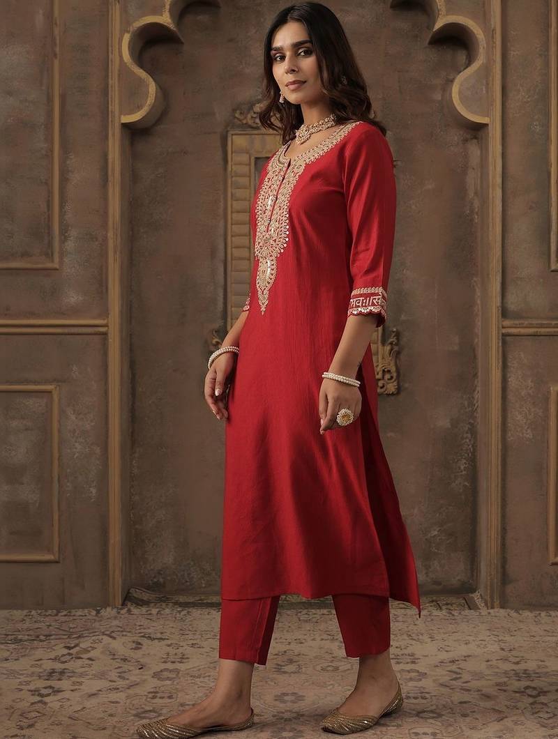 Women Ethnic Motifs Embroidered Regular Sequinned Liva Kurta with Trousers