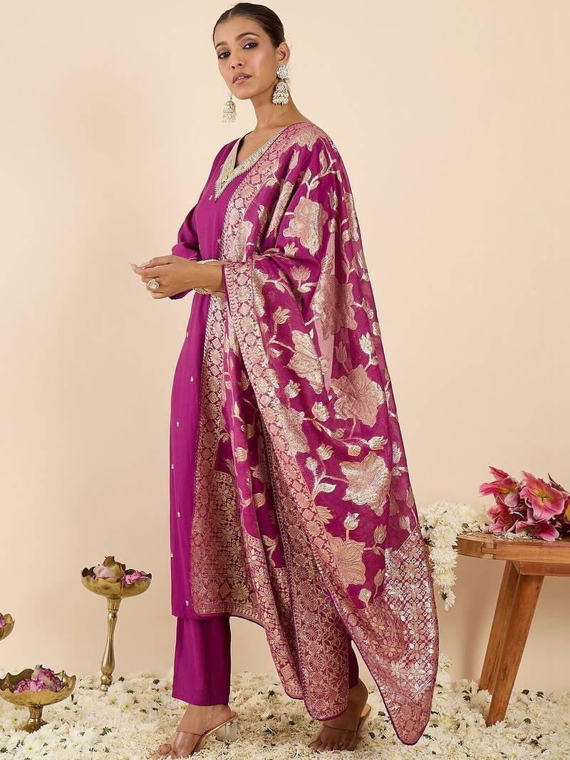 Women Ethnic Motifs Regular Thread Work Kurta with Trousers & With Dupatta