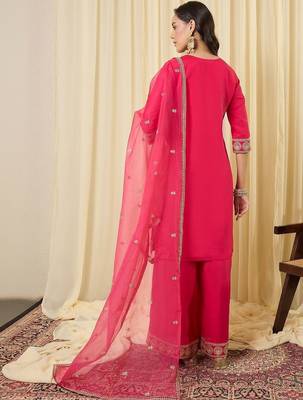 Women Ethnic Motifs Embroidered Regular Kurta with Palazzos & With Dupatta 3