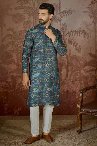 Mens multi linen geometric printed kurta