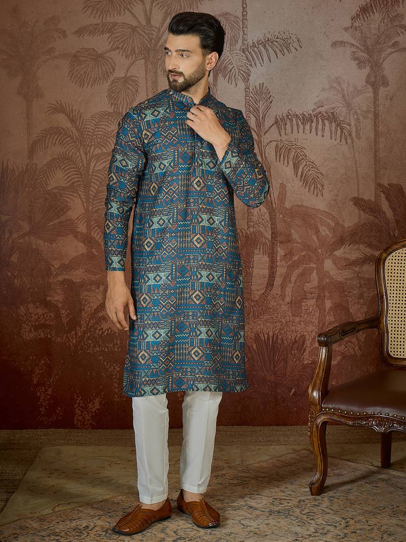 Mens multi linen geometric printed kurta