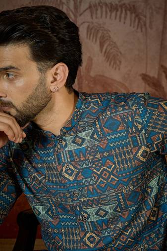 Mens multi linen geometric printed kurta