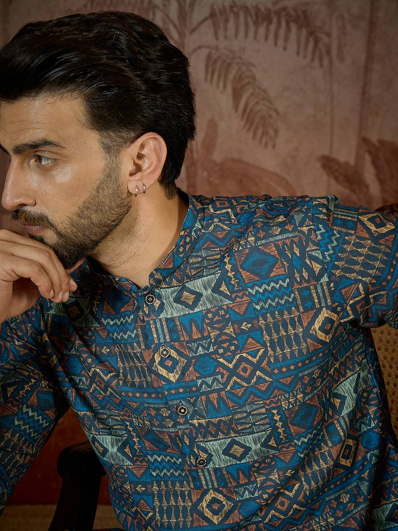 Mens multi linen geometric printed kurta