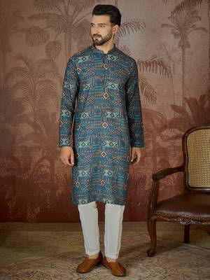 Mens multi linen geometric printed kurta 3