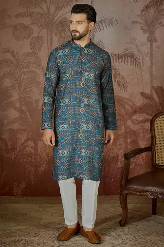 Mens multi linen geometric printed kurta