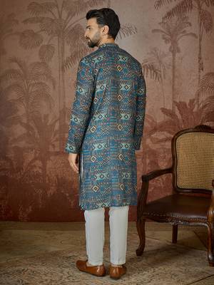 Mens multi linen geometric printed kurta 4