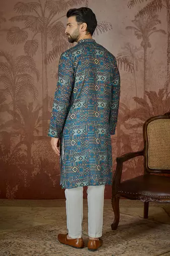 Mens multi linen geometric printed kurta
