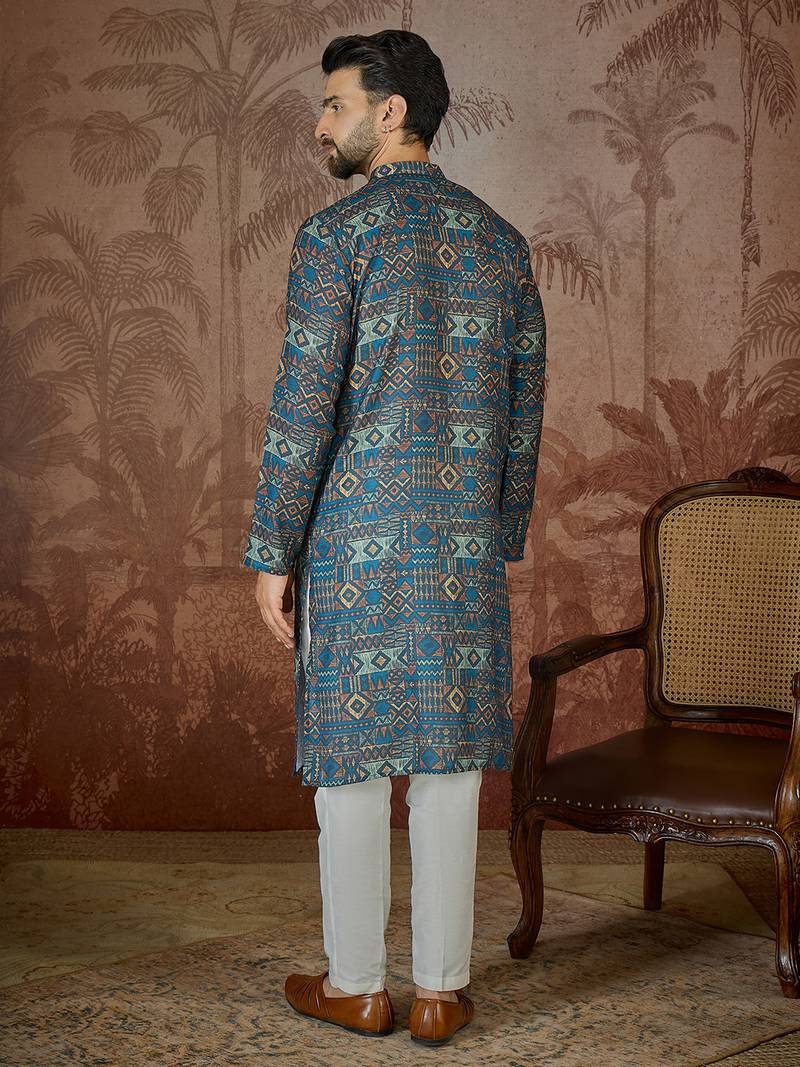 Mens multi linen geometric printed kurta