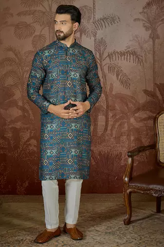 Mens multi linen geometric printed kurta
