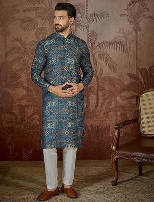 Mens multi linen geometric printed kurta 5