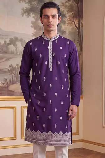 Mens violet silk blend solid embroidered kurta