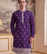 Mens violet silk blend solid embroidered kurta