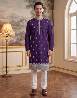 Mens violet silk blend solid embroidered kurta 1