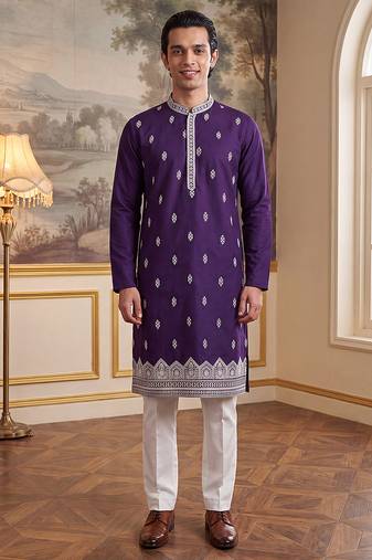 Mens violet silk blend solid embroidered kurta