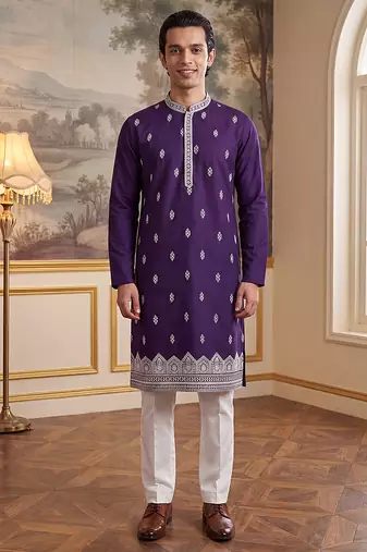 Mens violet silk blend solid embroidered kurta