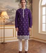 Mens violet silk blend solid embroidered kurta