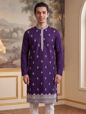 Mens violet silk blend solid embroidered kurta 2