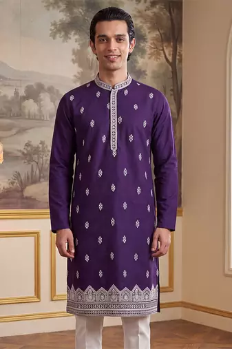 Mens violet silk blend solid embroidered kurta