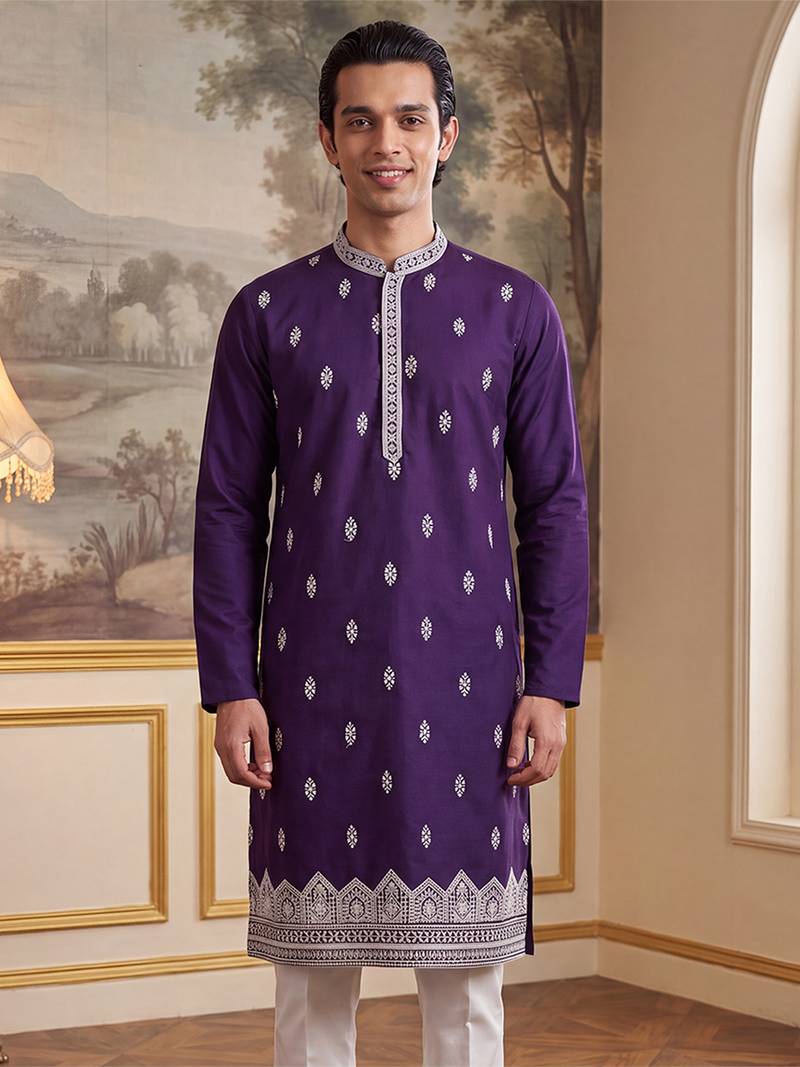 Mens violet silk blend solid embroidered kurta