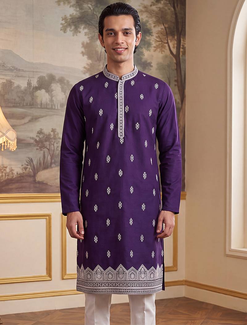Mens violet silk blend solid embroidered kurta
