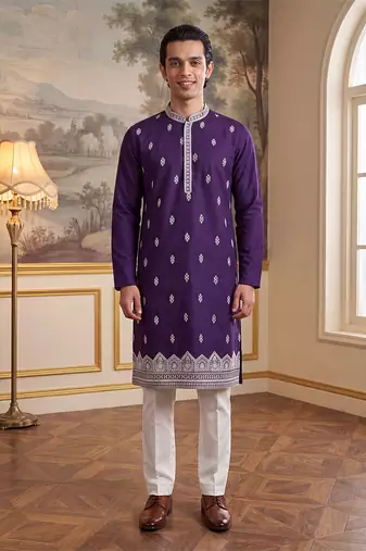 Mens violet silk blend solid embroidered kurta
