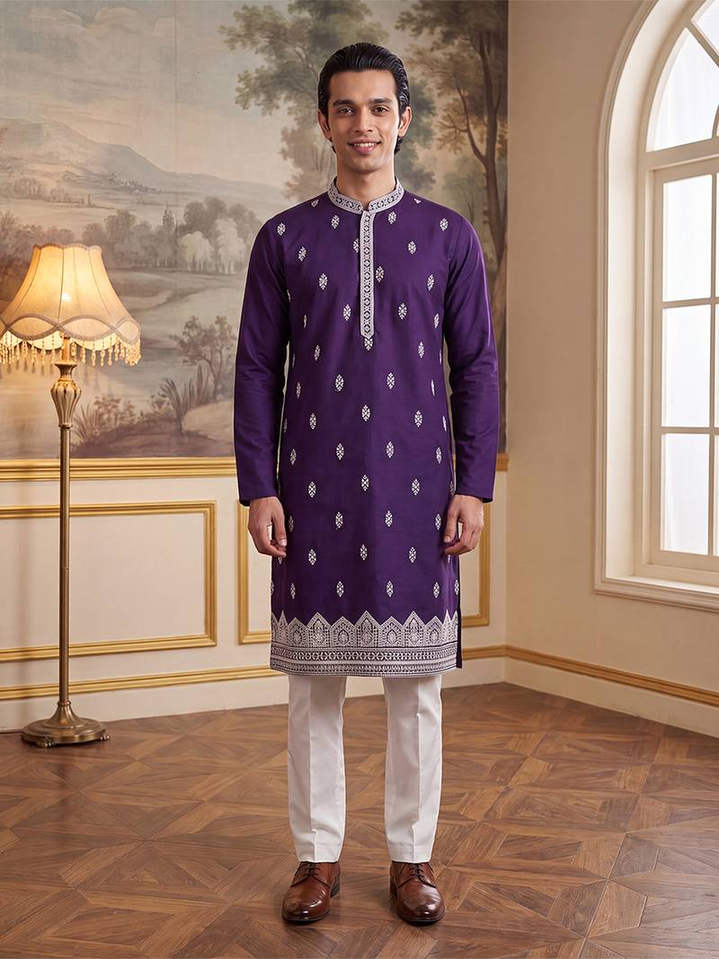 Mens violet silk blend solid embroidered kurta