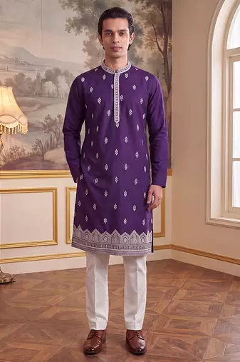 Mens violet silk blend solid embroidered kurta