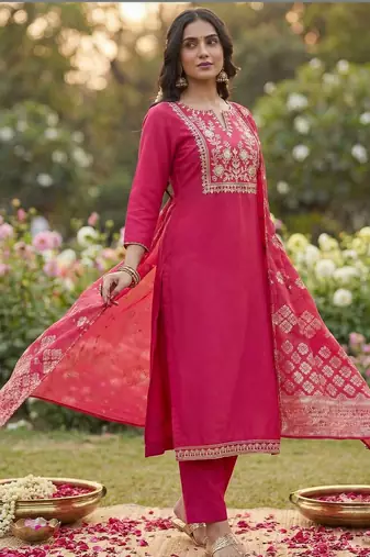 Women Ethnic Motifs Embroidered Regular Thread Work Kurta with Trousers & With Dupatta