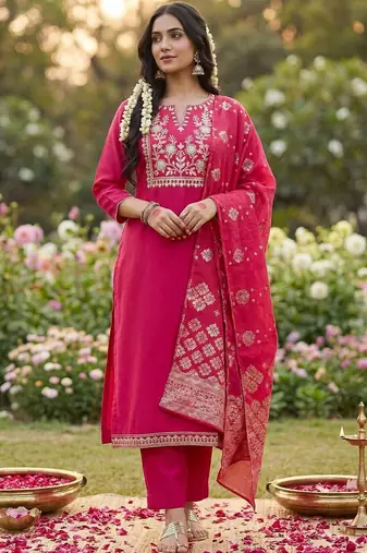Women Ethnic Motifs Embroidered Regular Thread Work Kurta with Trousers & With Dupatta
