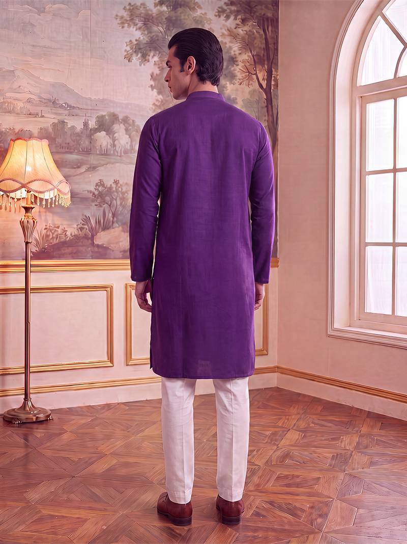 Mens violet silk blend solid embroidered kurta