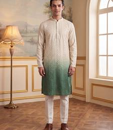 Mens green silk blend solid embroidered kurta