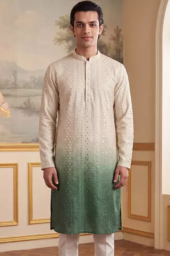 Mens green silk blend solid embroidered kurta